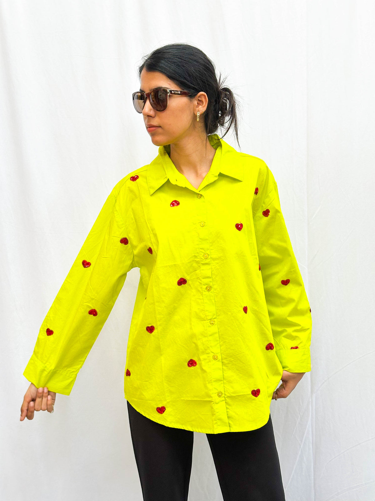 NEON GREEN HEART EMBROIDERED COTTON SHIRT BESU INDIA