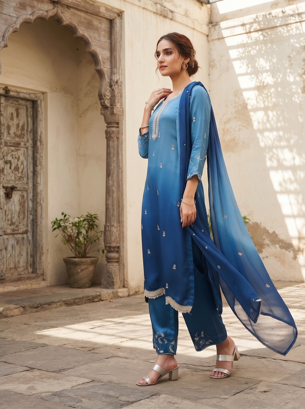OMBRÉ BLUE EMBROIDERED KURTA WITH PANTS AND DUPATTA BESU INDIA