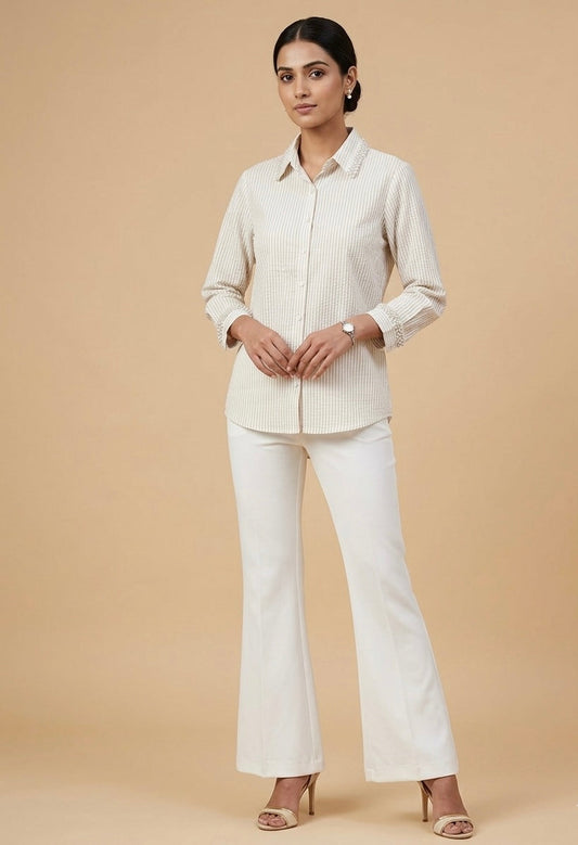 BEIGE STRIPED SHIRT WITH EMBROIDERED COLLAR AND CUFFS BESU INDIA
