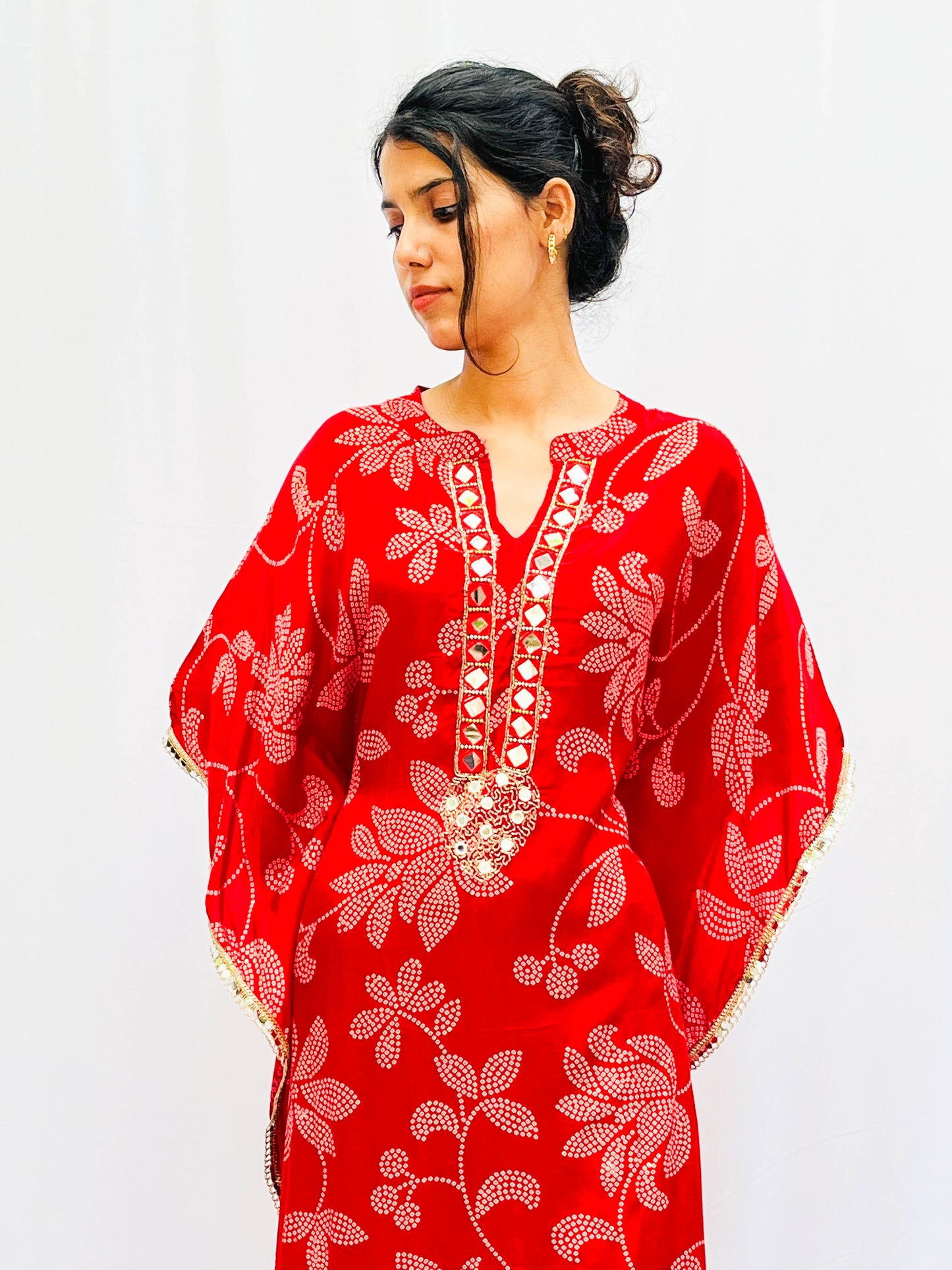 RED FLORAL PRINTED KAFTAN WITH TULIP PANTS BESU INDIA