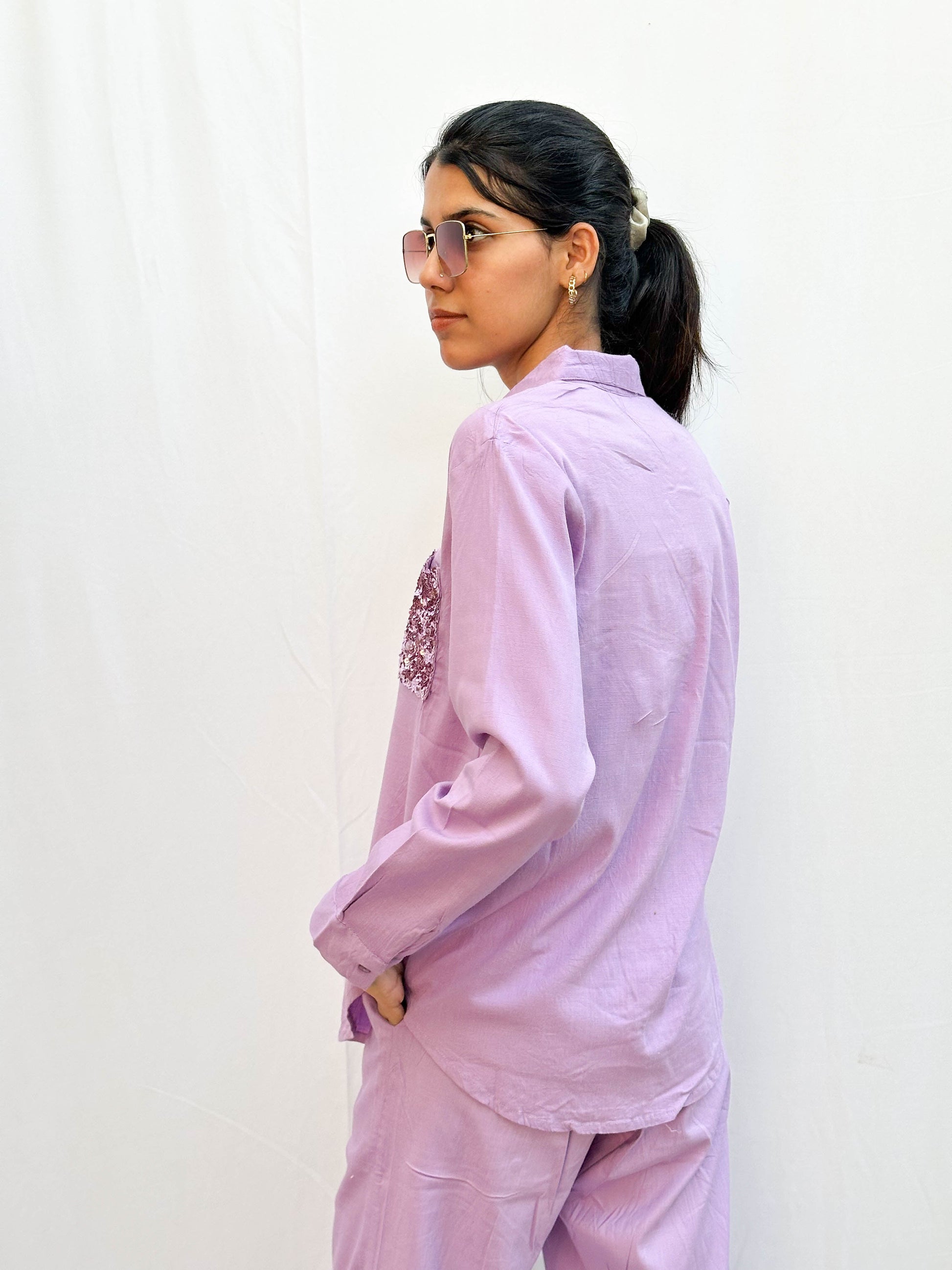 LAVENDER COTTON CO-ORD WITH SEQUINS POCKET BESU INDIA