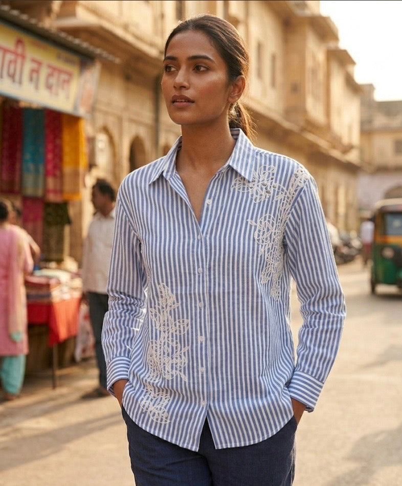 CLASSIC BLUE AND WHITE STRIPE SHIRT WITH WHITE EMBROIDERY BESU INDIA