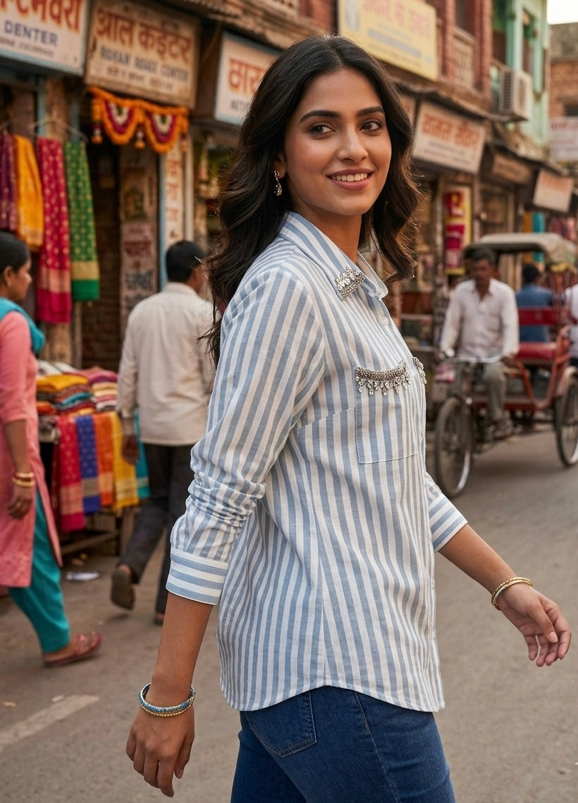 BLUE AND WHITE STRIPED SHIRT WITH EMBELLISHMENTS BESU INDIA