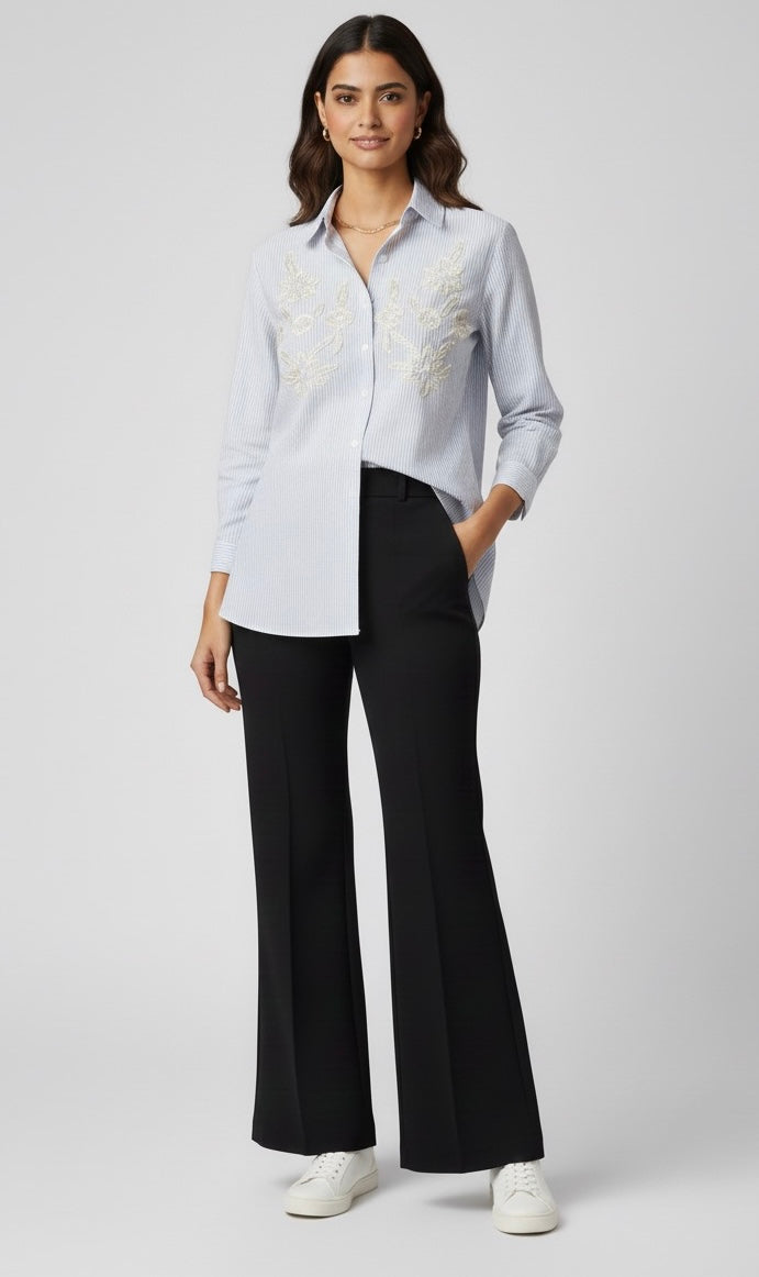 LIGHT BLUE STRIPED AHIRT WITH SEQUINS EMBROIDERY BESU INDIA