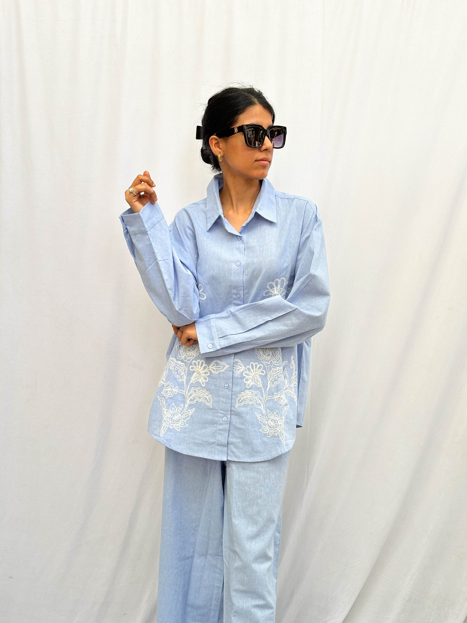 LIGHT BLUE LINEN CO-ORDS WITH WHITE THREAD EMBROIDERY BESU INDIA