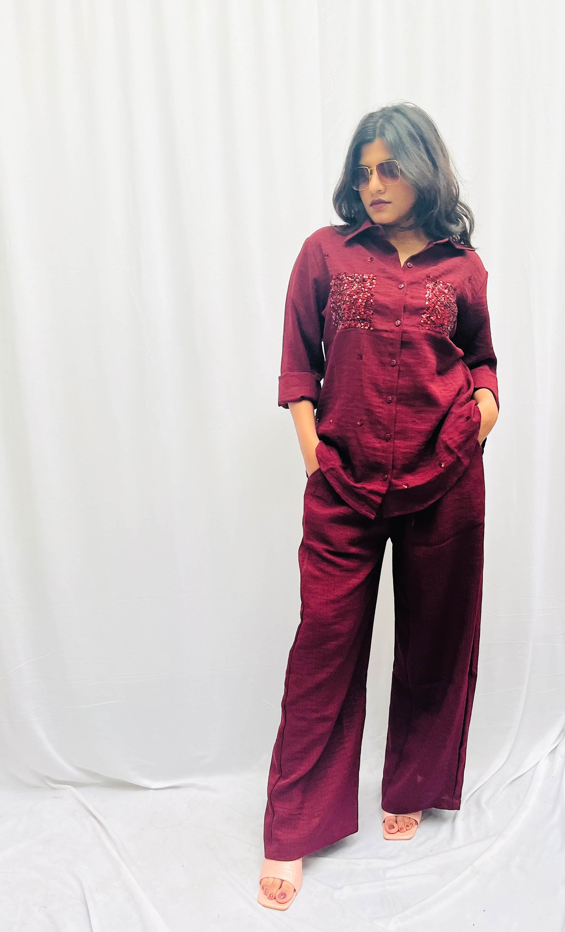 WINE RED LINEN CO-ORDS WITH SEQUINS POCKETS BESU INDIA
