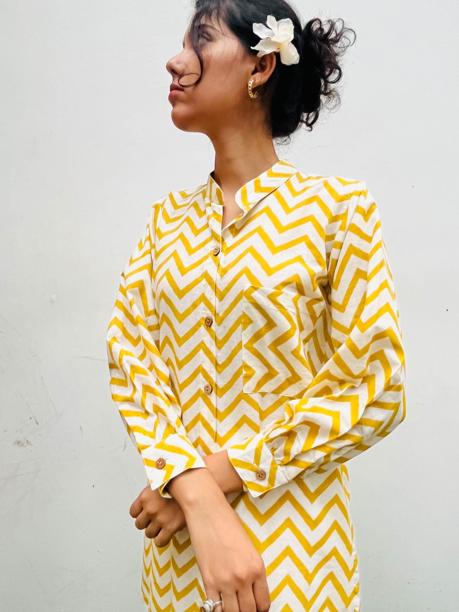 MUSTARD CHEVRON PRINT COTTON SHIRT / KURTA BESU INDIA