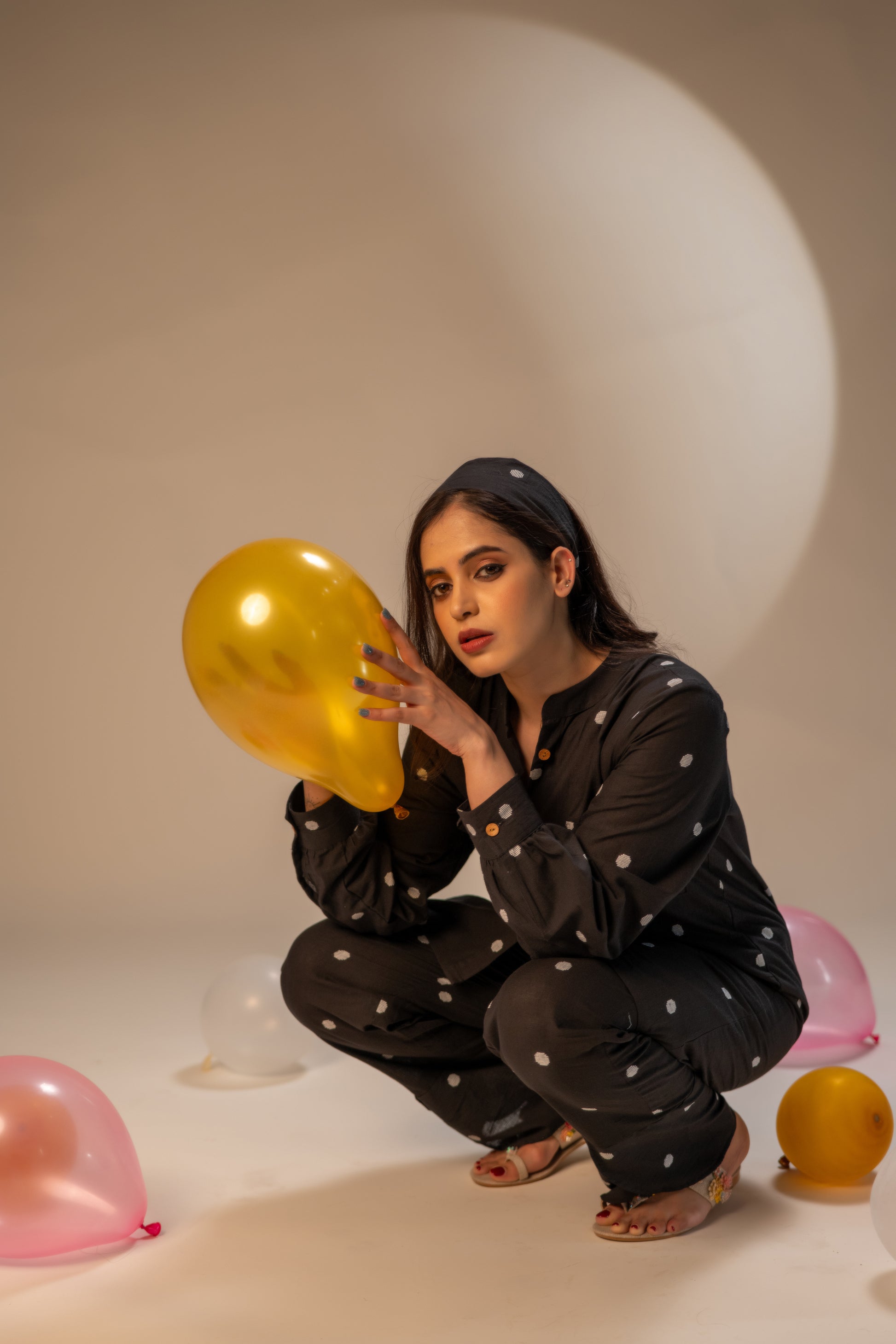 BLACK POLKA DOTTED COTTON CO-ORD KURTA SET BESU INDIA