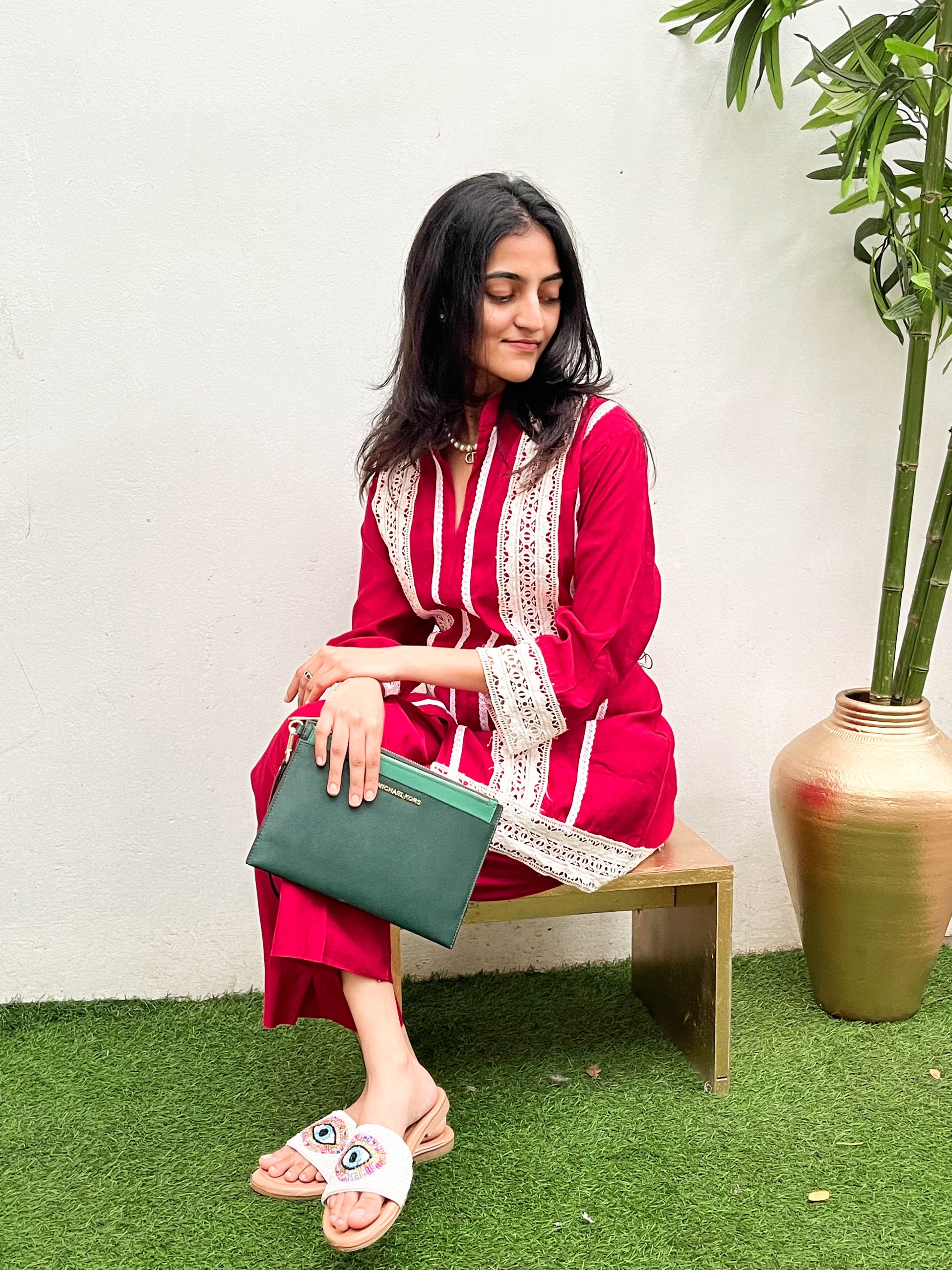 DEEP RED LACE WORKED KURTA / CO-ORD SET BESU INDIA
