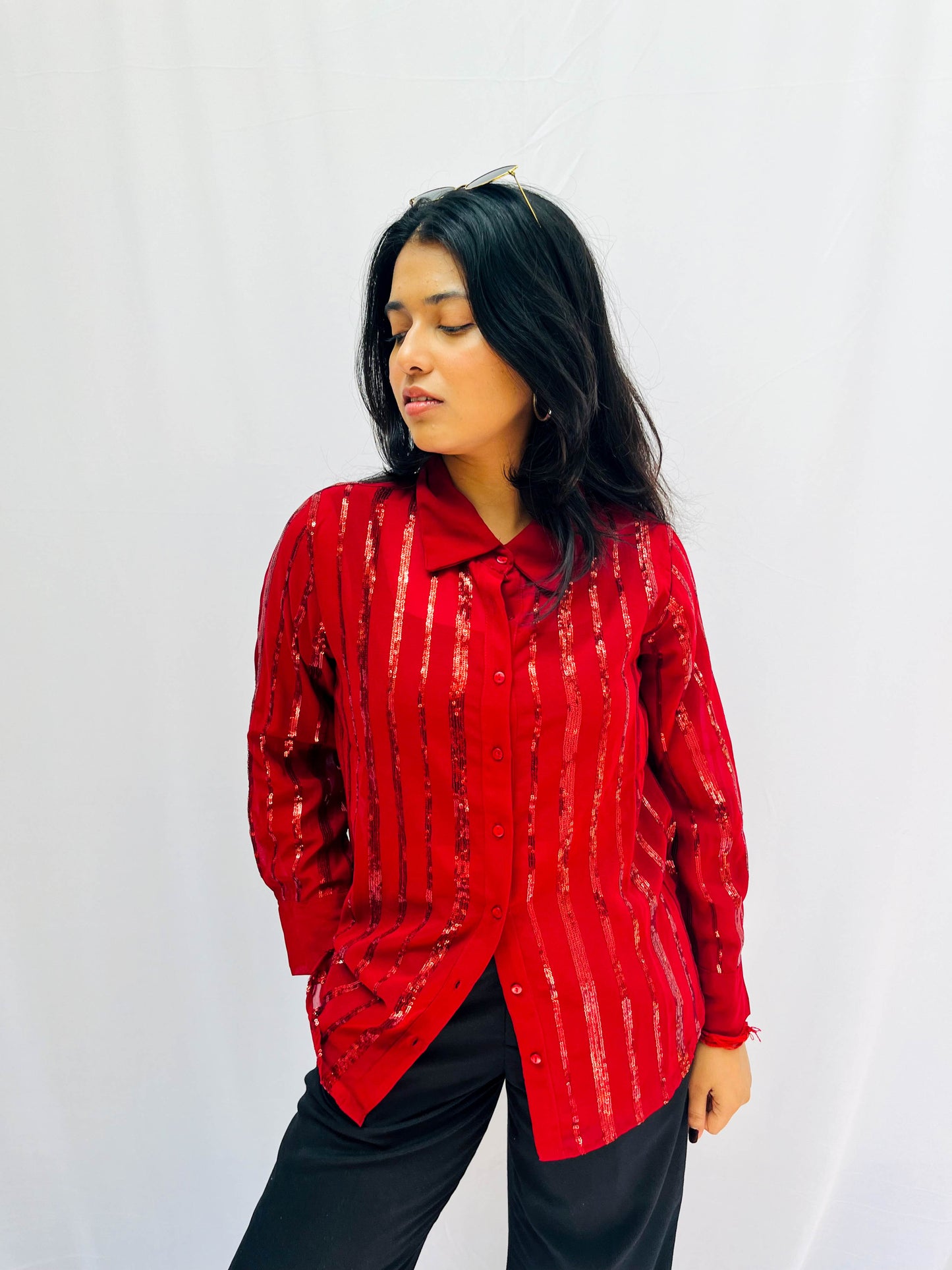 RED SEQUINS SEMI TRANSPARENT SHIRT BESU INDIA