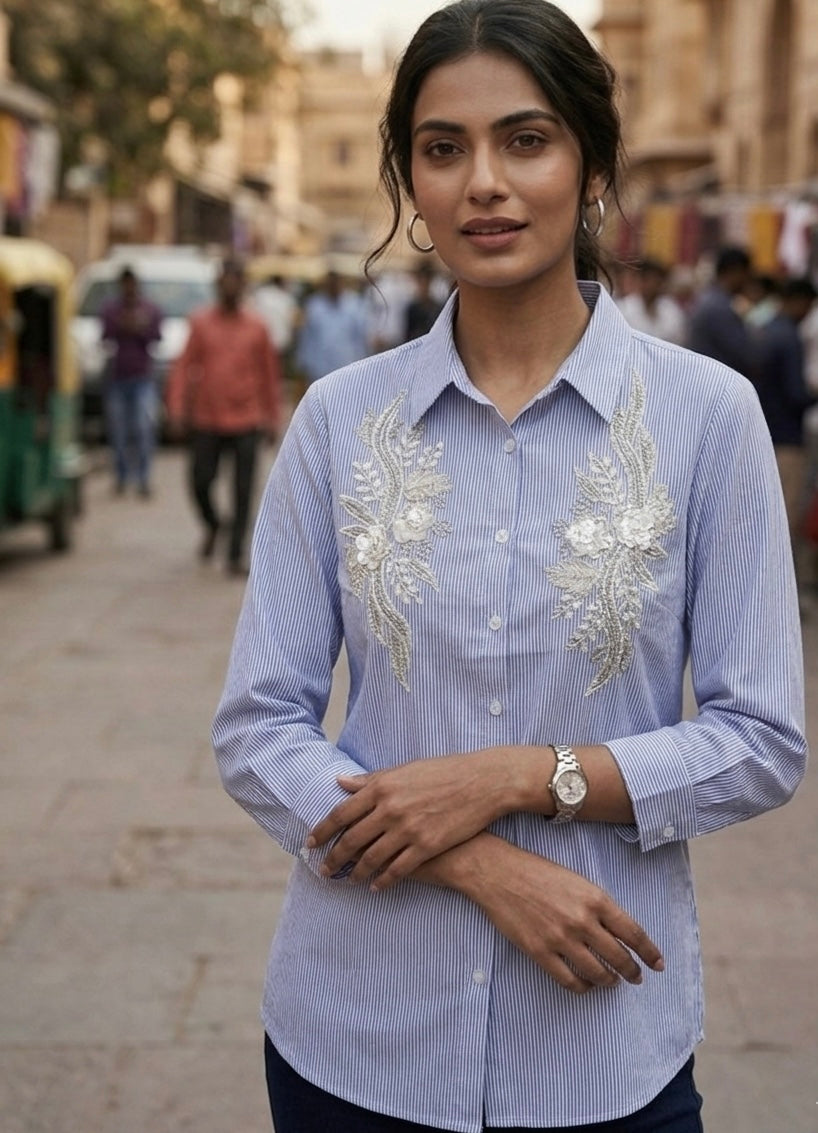 PERIWINKLE BLUE FLORAL EMBROIDERED SHIRT BESU INDIA