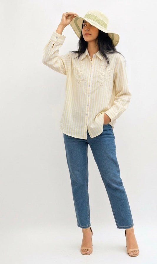 YELLOW STRIPED SHIRT WITH FLORAL EMBROIDERY BESU INDIA