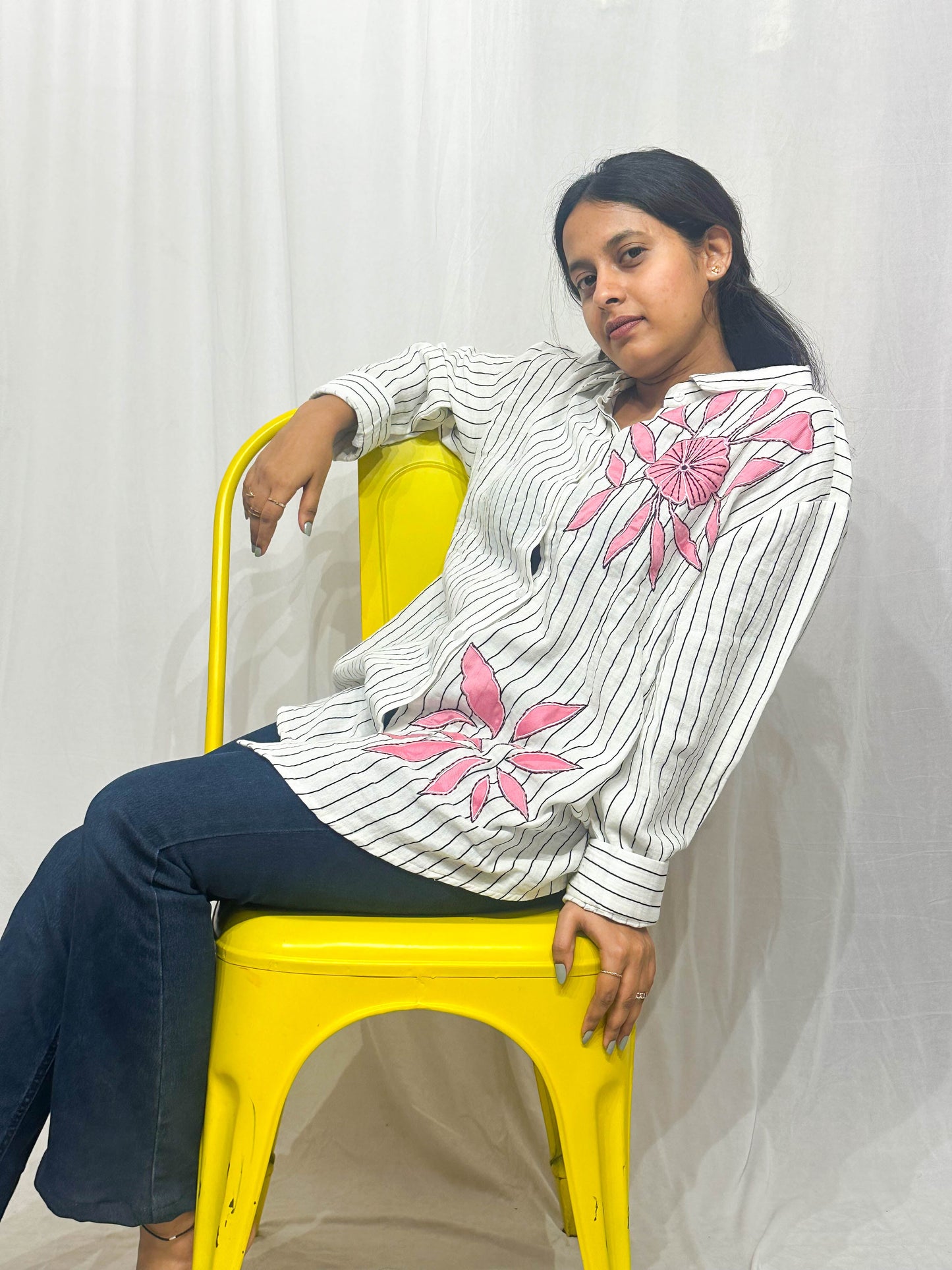 BLACK AND WHITE STRIPED COTTON SHIRT WITH PATCHWORK BESU INDIA