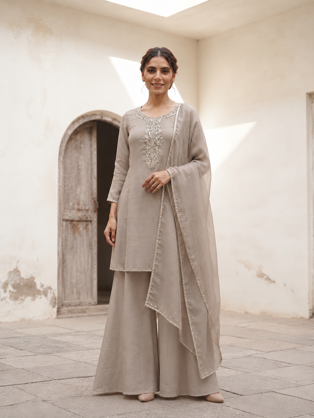 TAUPE MIRROR WORK KURTA WITH PANTS AND DUPATTA BESU INDIA