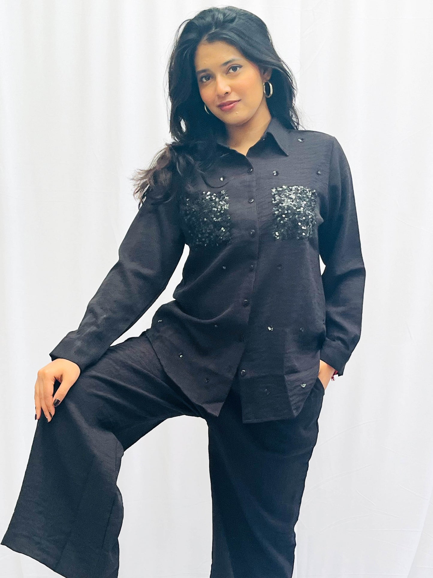 BLACK LINEN CO-ORDS WITH SEQUINS POCKETS BESU INDIA