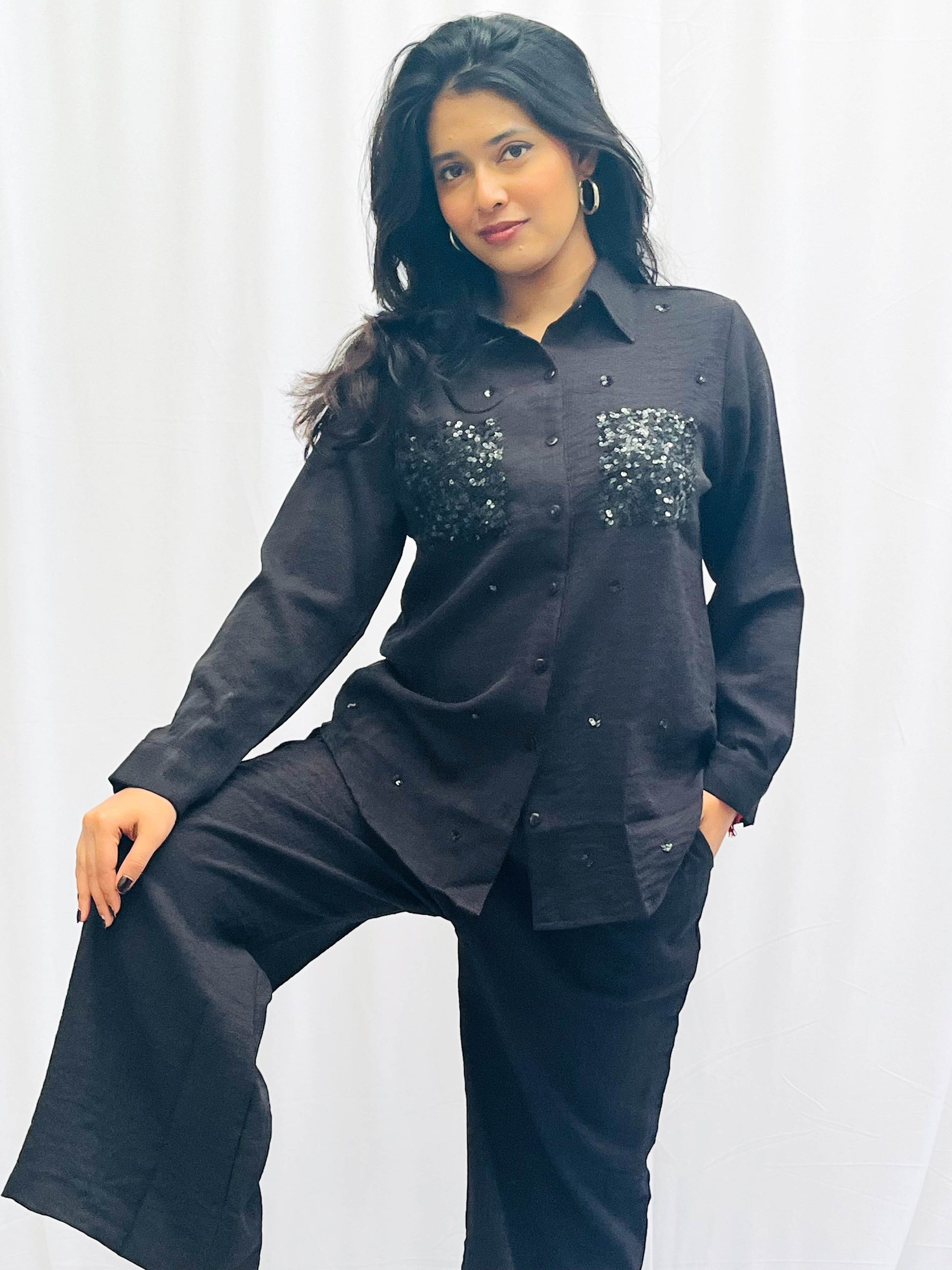 BLACK LINEN CO-ORDS WITH SEQUINS POCKETS BESU INDIA
