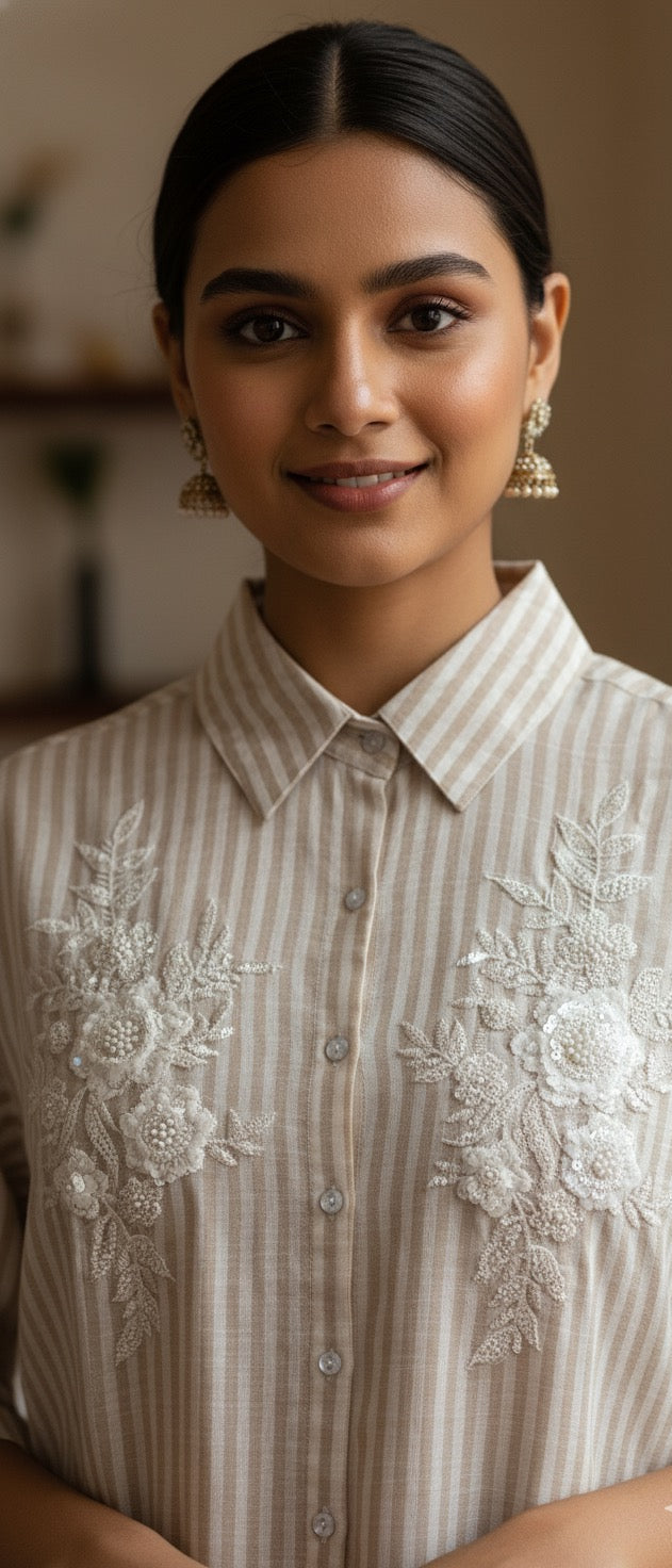 BEIGE AND WHITE STRIPED COTTON SHIRT WITH PATCH WORK BESU INDIA