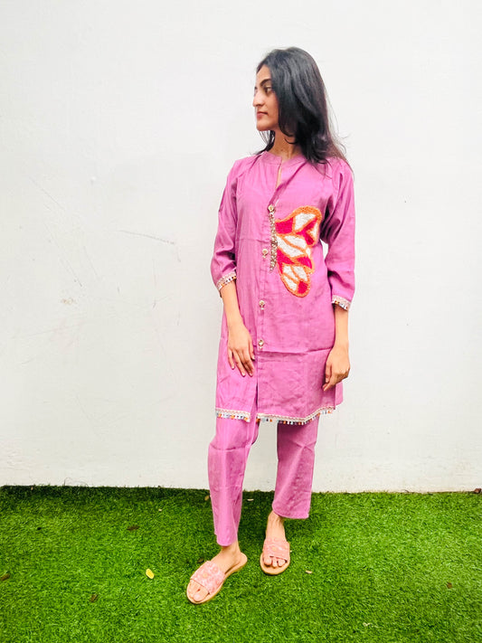 PINK BUTTERFLY HAND EMBROIDERED CO-ORDS BESU INDIA