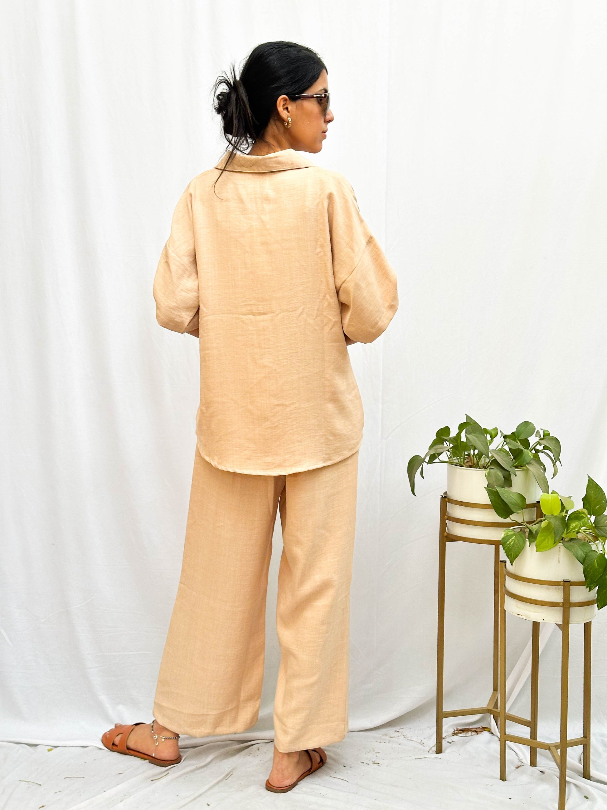 BEIGE SOFT COTTON CO-ORDS WITH SIGNATURE GOLD BUTTONS BESU INDIA