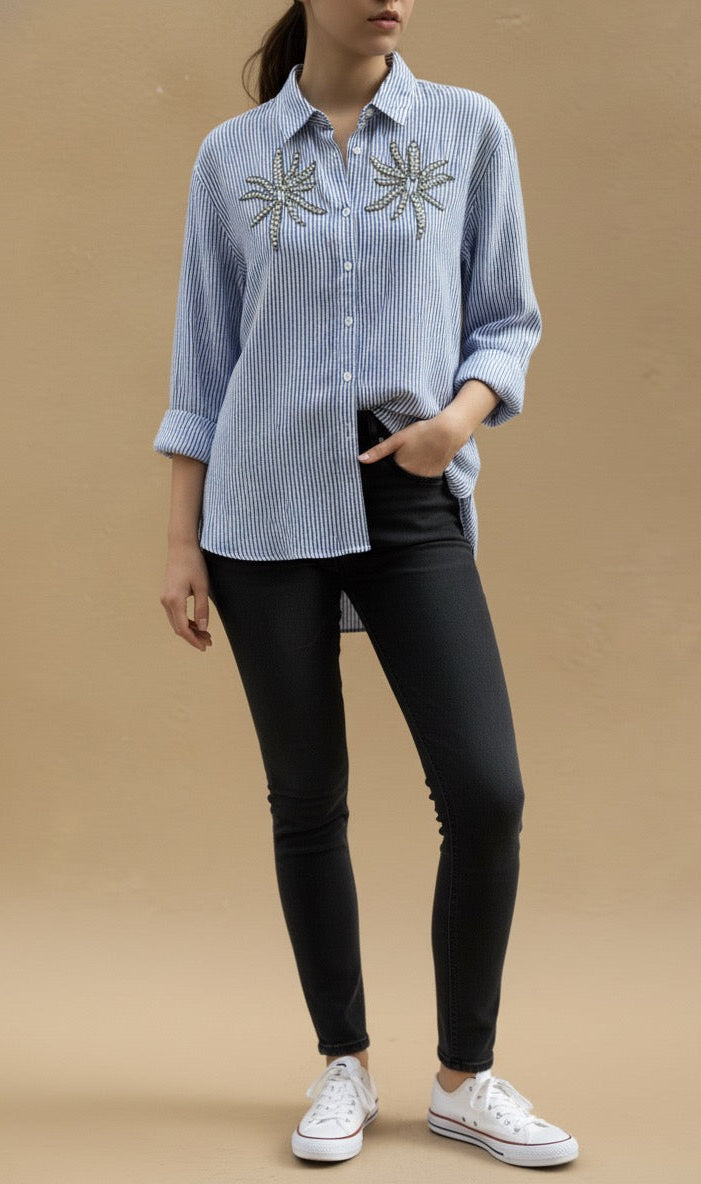 BLUE STRIPED SHIRT WITH HAND EMBELLISHMENTS COTTON SHIRT BESU INDIA
