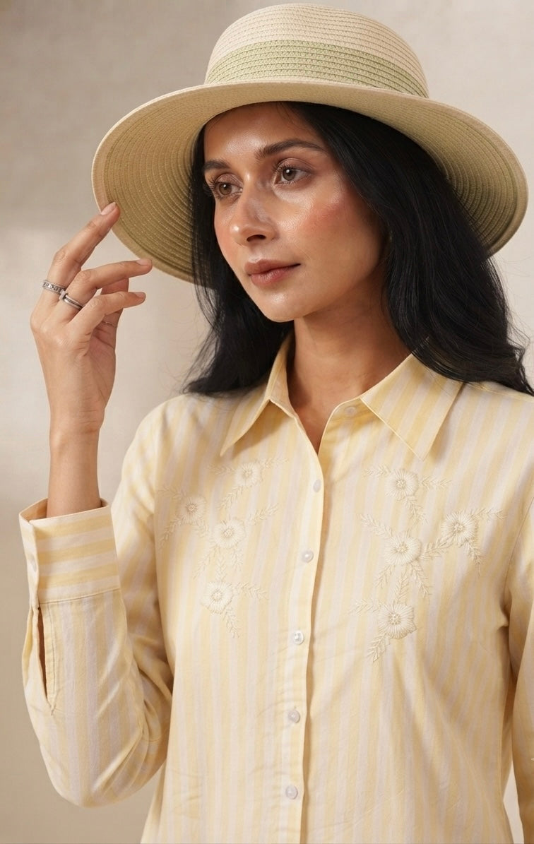 YELLOW STRIPED SHIRT WITH FLORAL EMBROIDERY BESU INDIA
