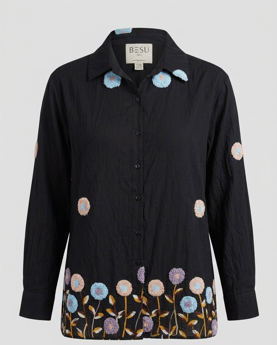 ARTISANAL BLOOM BLACK LINEN BLEND SHIRT BESU INDIA
