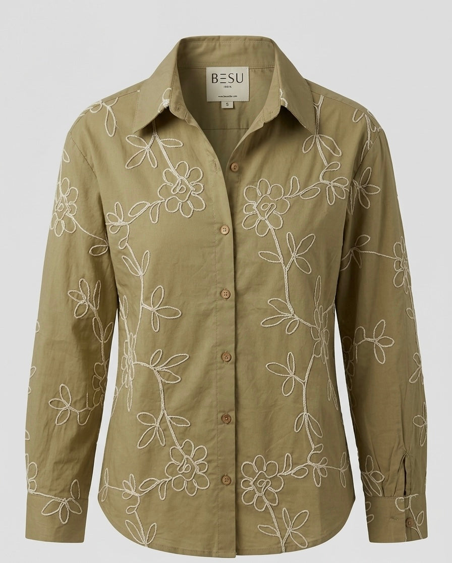SAGE GREEN SHIRT WITH THREAD VINE EMBROIDERY BESU INDIA