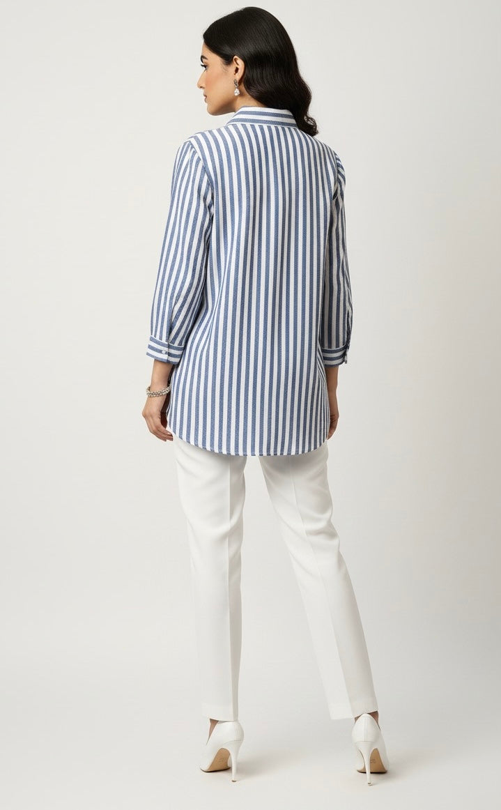 BLUE AND WHITE STRIPED SHIRT WITH SEQUINS HAND EMBROIDERY BESU INDIA