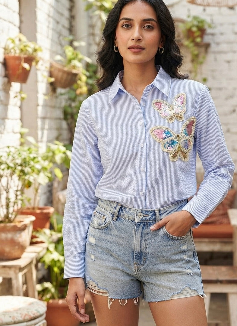 THE BLUE BUTTERFLY SEQUINED STRIPE SHIRT BESU INDIA