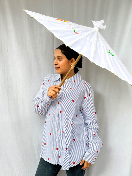 BLUE STRIPED COTTON SHIRT WITH HEART PRINTS BESU INDIA