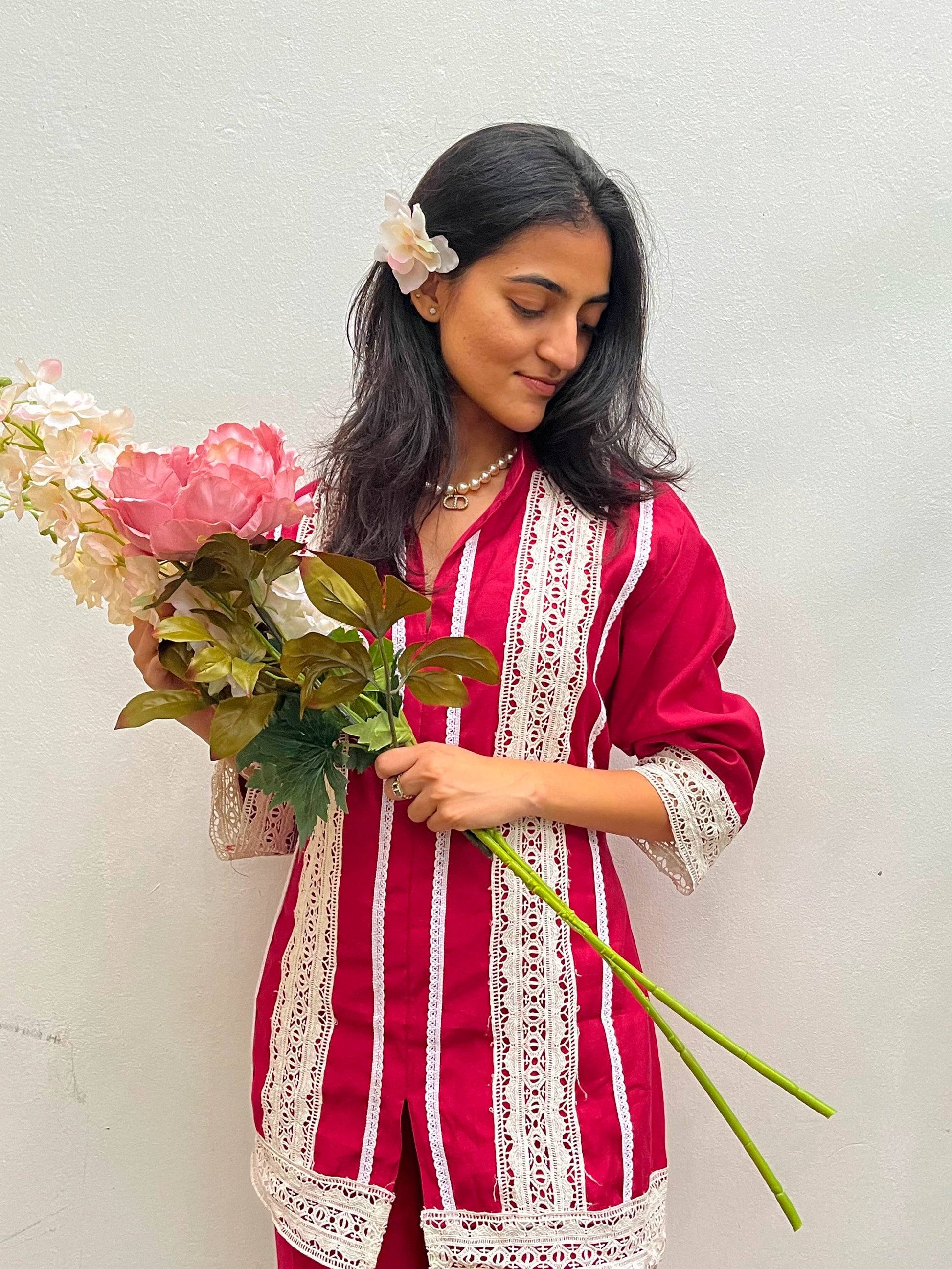 DEEP RED LACE WORKED KURTA / CO-ORD SET BESU INDIA
