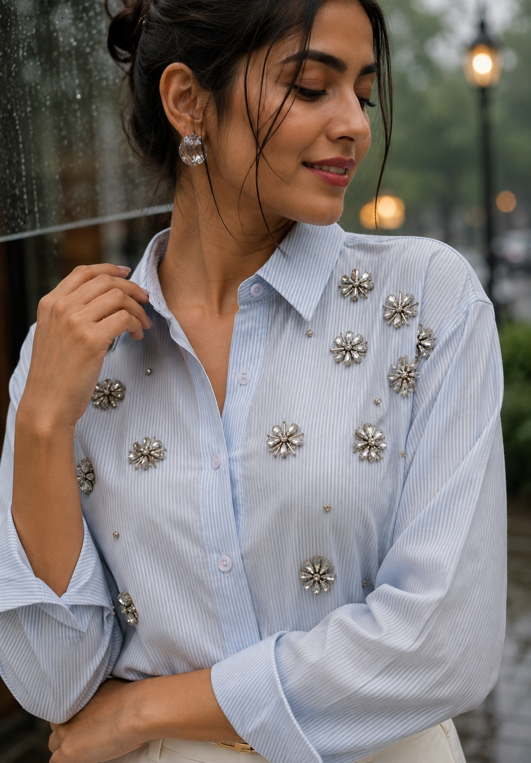 LIGHT BLUE STRIPED CRYSTAL BLOOM EMBELLISHED SHIRT BESU INDIA