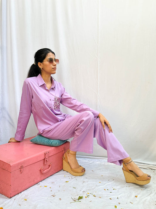 LAVENDER COTTON CO-ORD WITH SEQUINS POCKET BESU INDIA