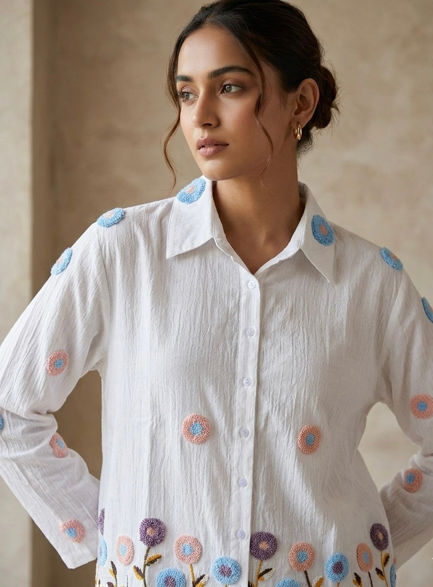 ARTISANAL BLOOM WHITE LINEN BLEND SHIRT BESU INDIA