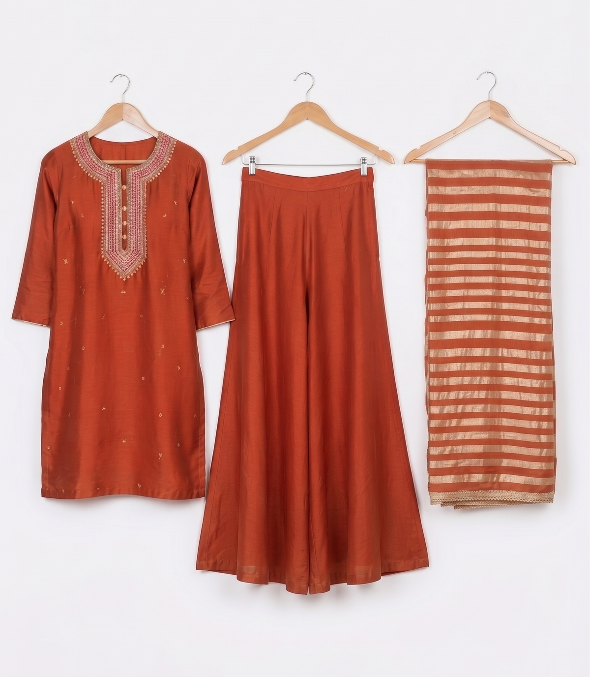 BURNT ORANGE SLIK-BLEND KURTA SET BESU INDIA