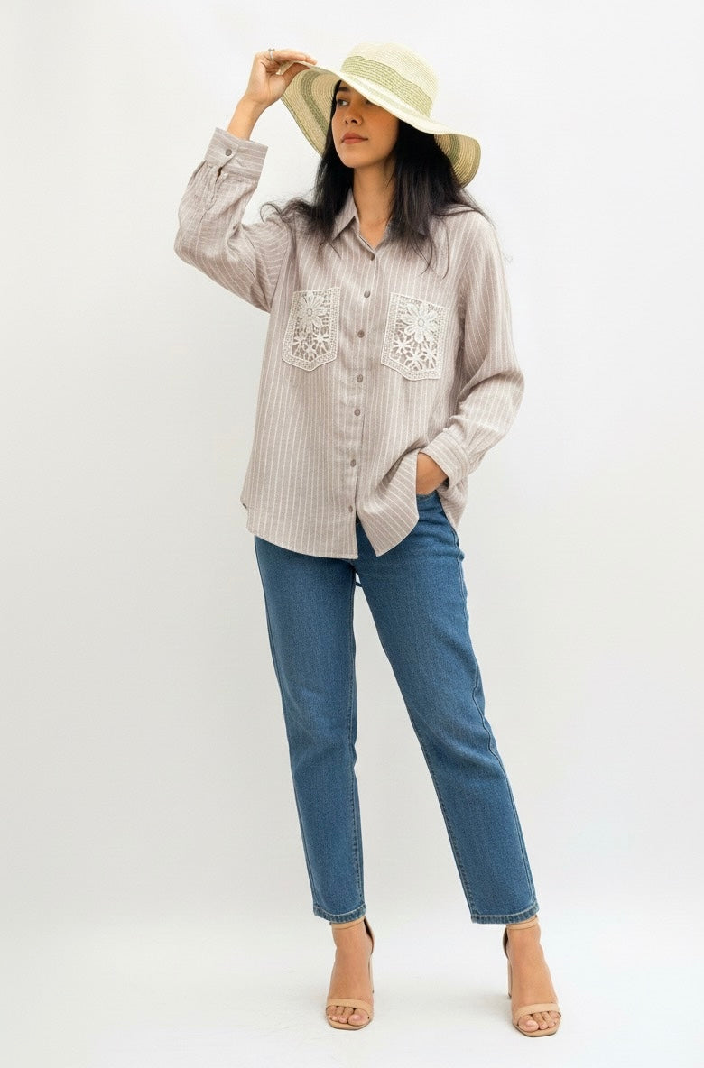 BEIGE AND WHITE STRIPES WITH LACE POCKETS BESU INDIA