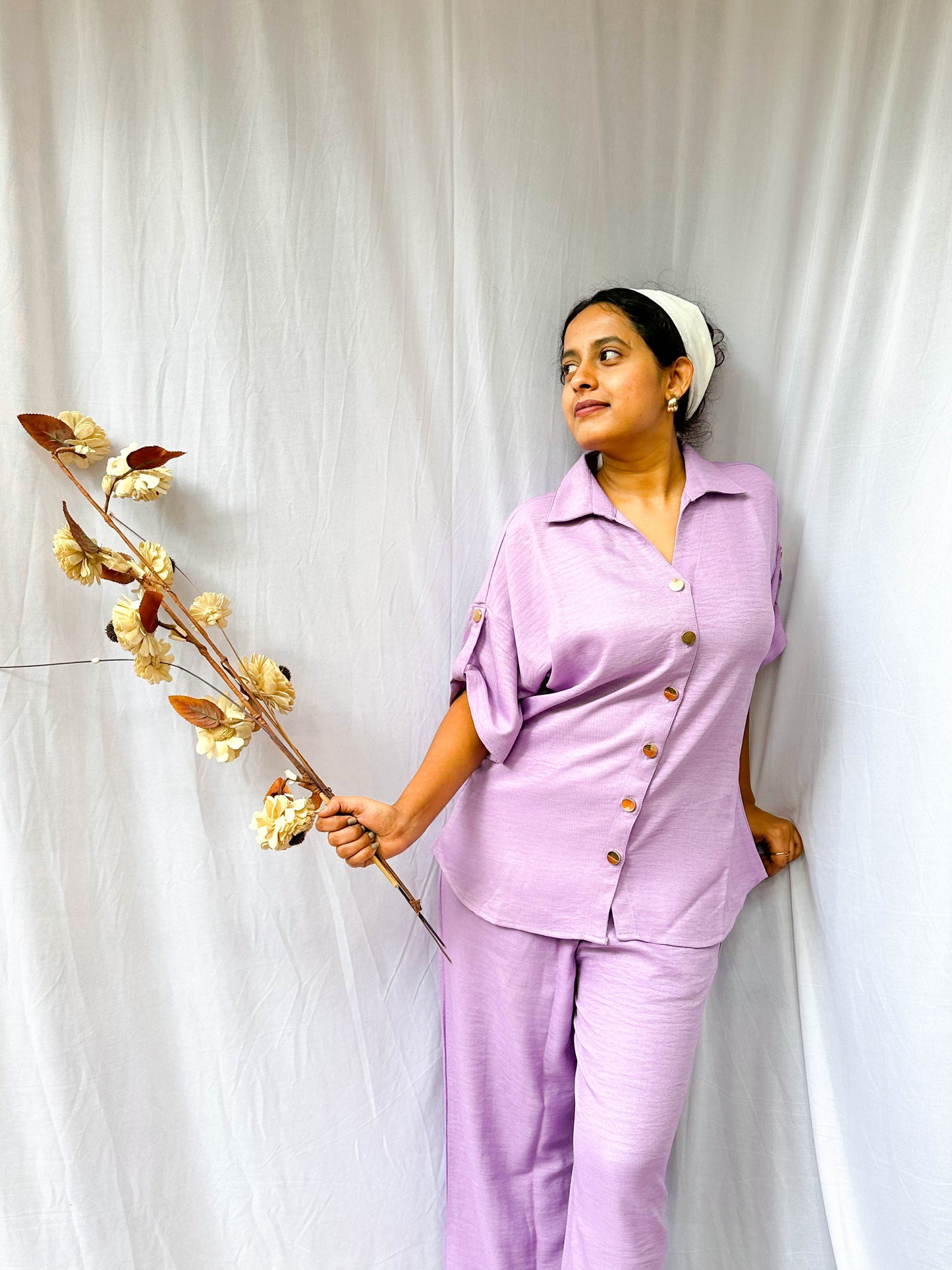 LIGHT LAVENDER SOFT COTTON CO-ORDS WITH ELEGANT GOLD BUTTONS BESU INDIA