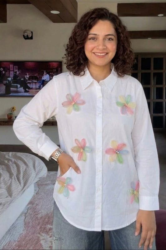 WHITE SHIRT WITH COLOURFUL FLOWERS PATCHWORK BESU INDIA