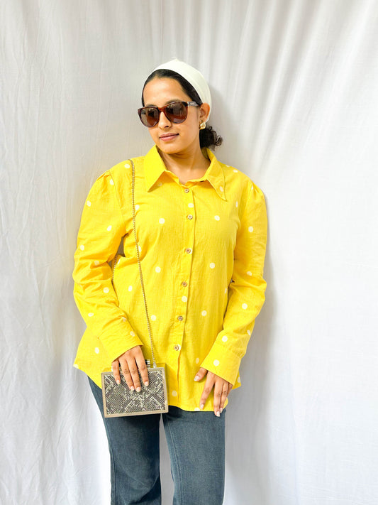 YELLOW POLKA DOTTED COTTON SHIRT WITH PLEATED PUFF SLEEVES BESU INDIA