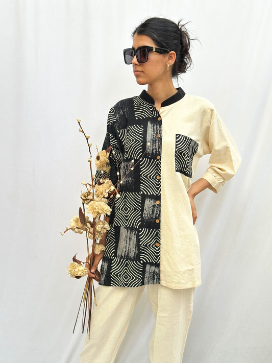 CREAM AND BOX PRINT - HALF & HALF COTTON SHIRT BESU INDIA