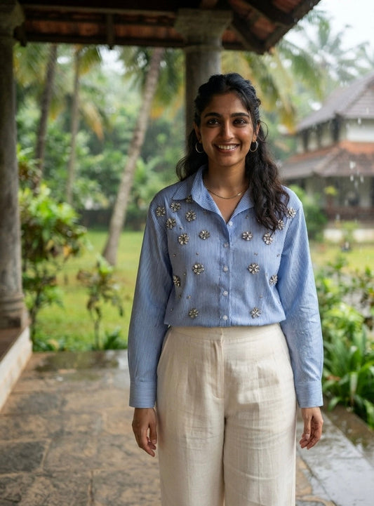 THE BLUE STRIPE SHIRT WITH STONE EMBELLISHMENTS BESU INDIA