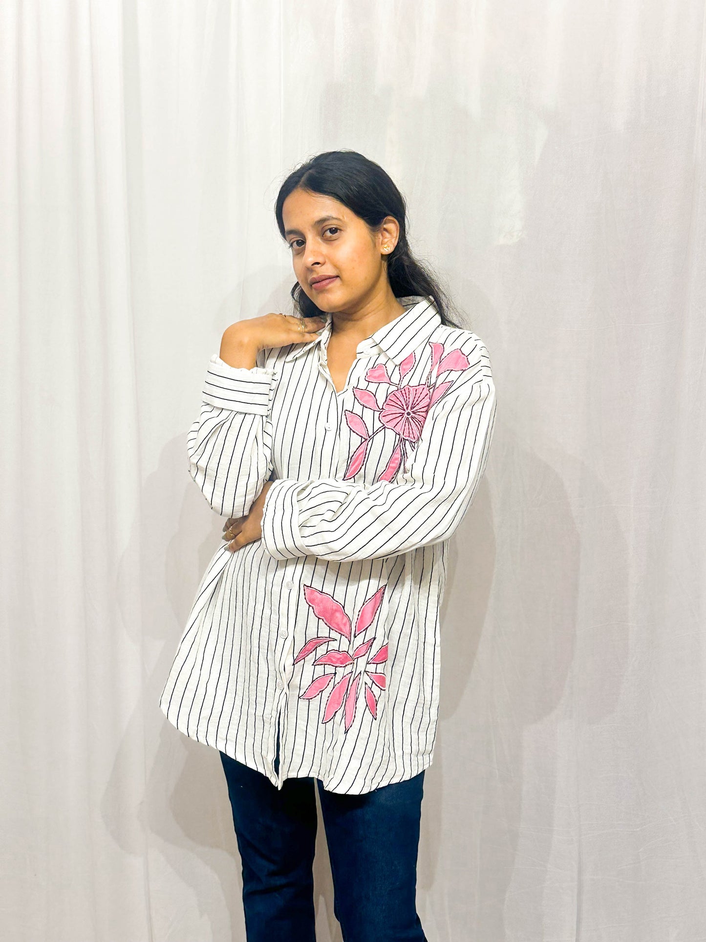 BLACK AND WHITE STRIPED COTTON SHIRT WITH PATCHWORK BESU INDIA