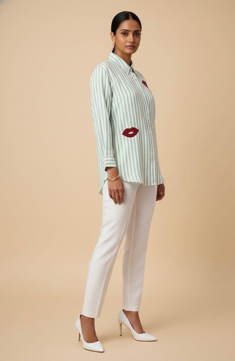 LIGHT GREEN STRIPED SHIRT WITH PATCHWORK