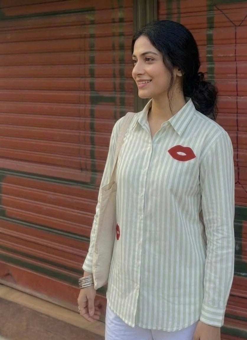 LIGHT GREEN STRIPED SHIRT WITH PATCHWORK BESU INDIA