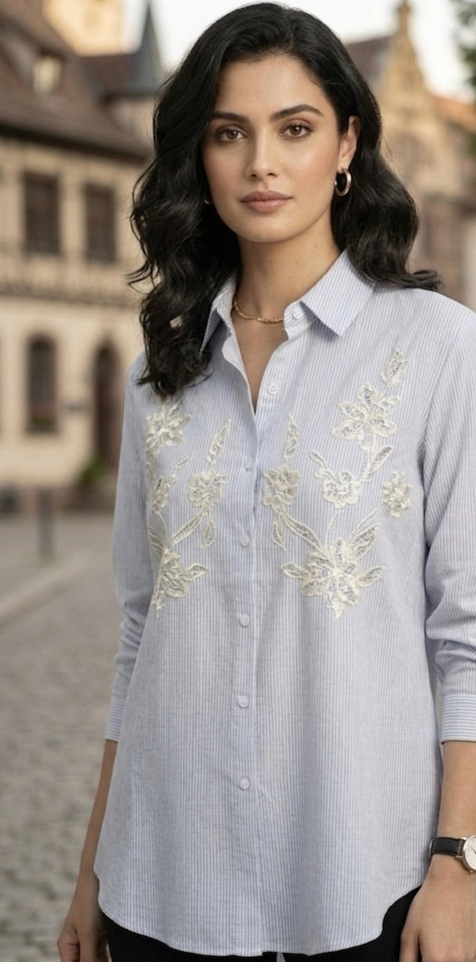 LIGHT BLUE STRIPED SHIRT WITH SEQUINS EMBROIDERY BESU INDIA