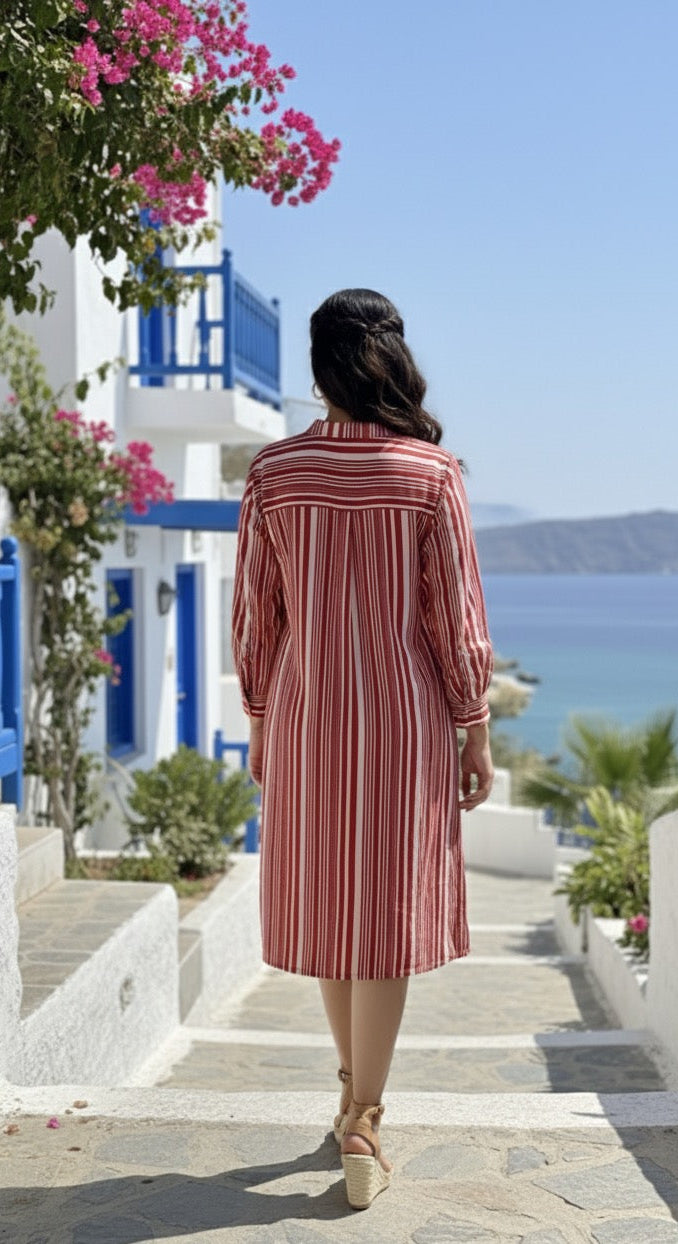 RED AND WHITE STRIPE PATTERN COTTON DRESS BESU INDIA