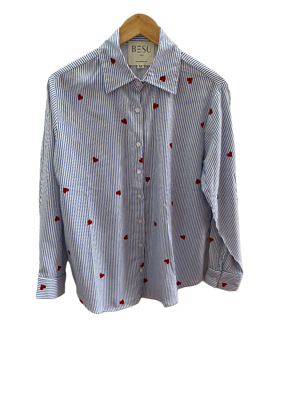 BLUE STRIPED COTTON SHIRT WITH HEART PRINTS BESU INDIA