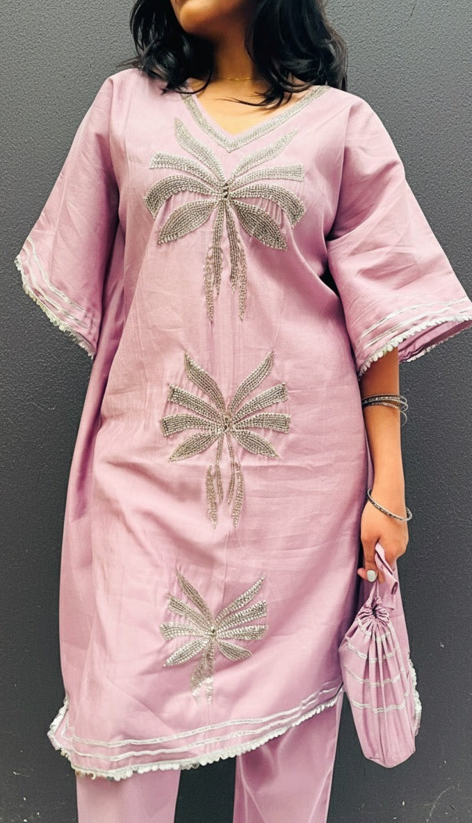 LAVENDER KHAFTAN SET WITH BAG BESU INDIA