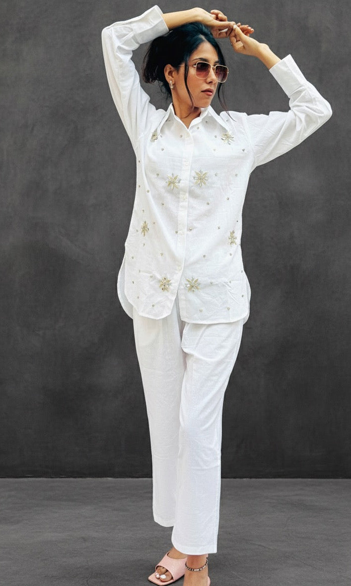 WHITE LINEN EMBELLISHED CLASSIC CO-ORD BESU INDIA