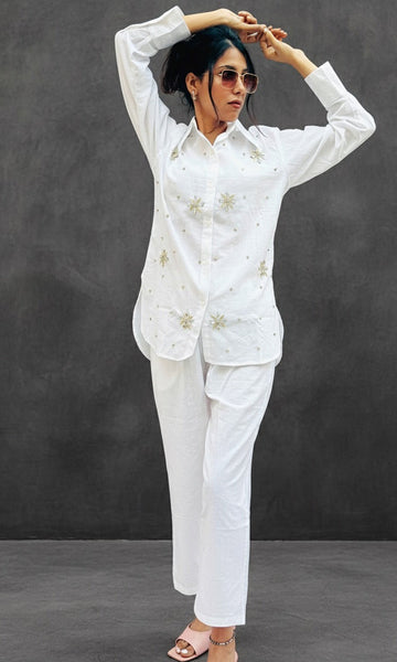 WHITE LINEN EMBELLISHED CLASSIC CO-ORD BESU INDIA